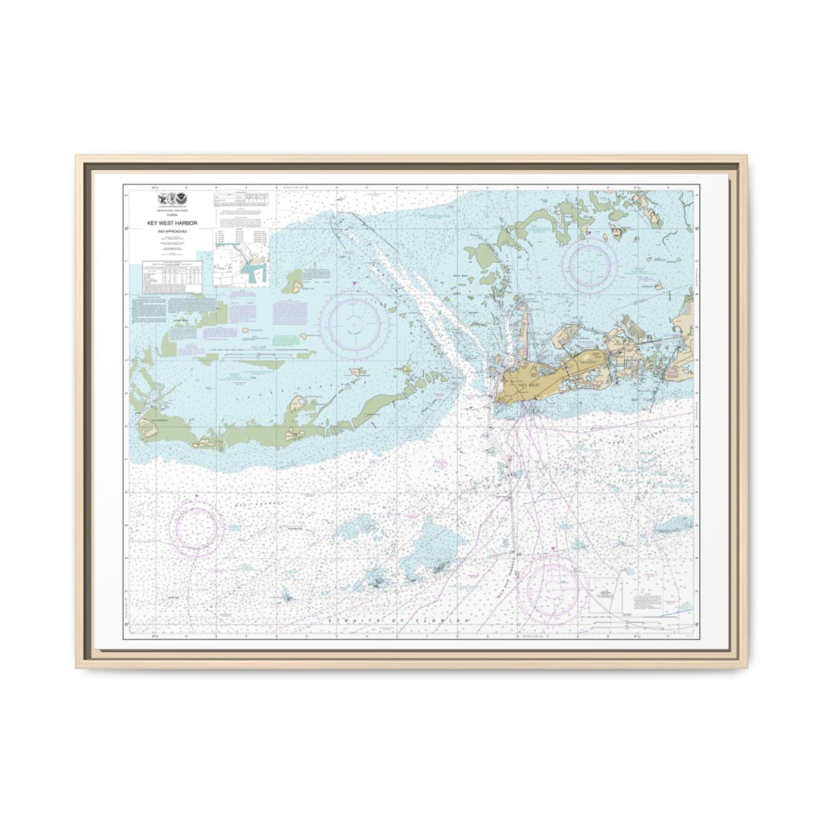 Chart 11441 Key West Harbor and Approaches - NOAA Nautical Chart Floating Frame Canvas | 32" x 24" | 40" x 30" - Natural front