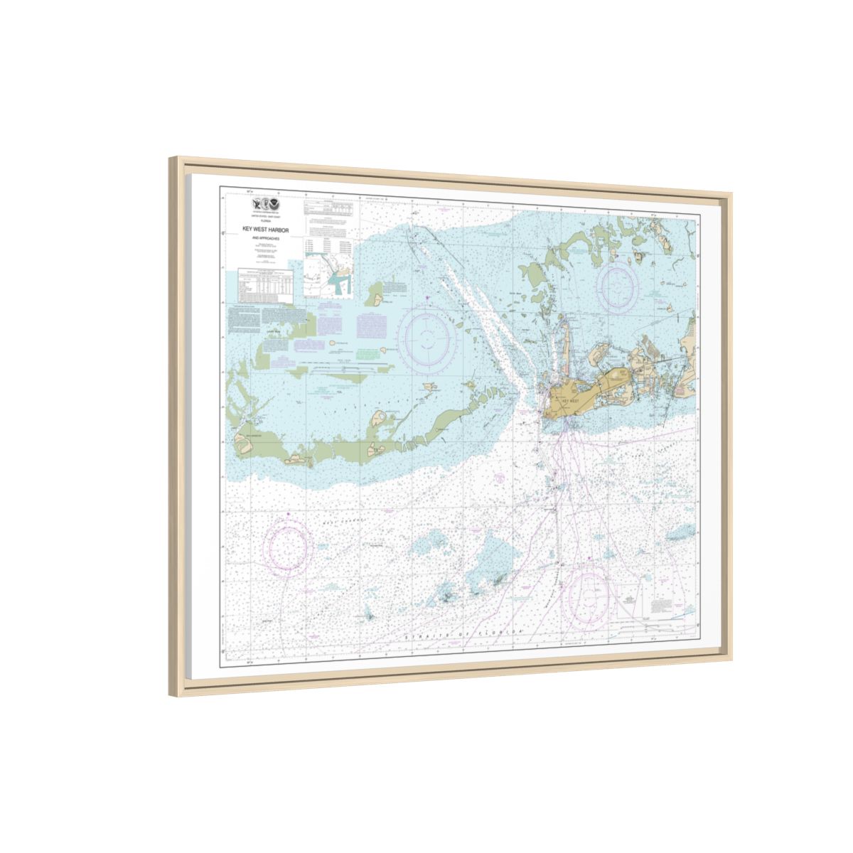 Chart 11441 Key West Harbor and Approaches - NOAA Nautical Chart Floating Frame Canvas | 32" x 24" | 40" x 30" - Natural side