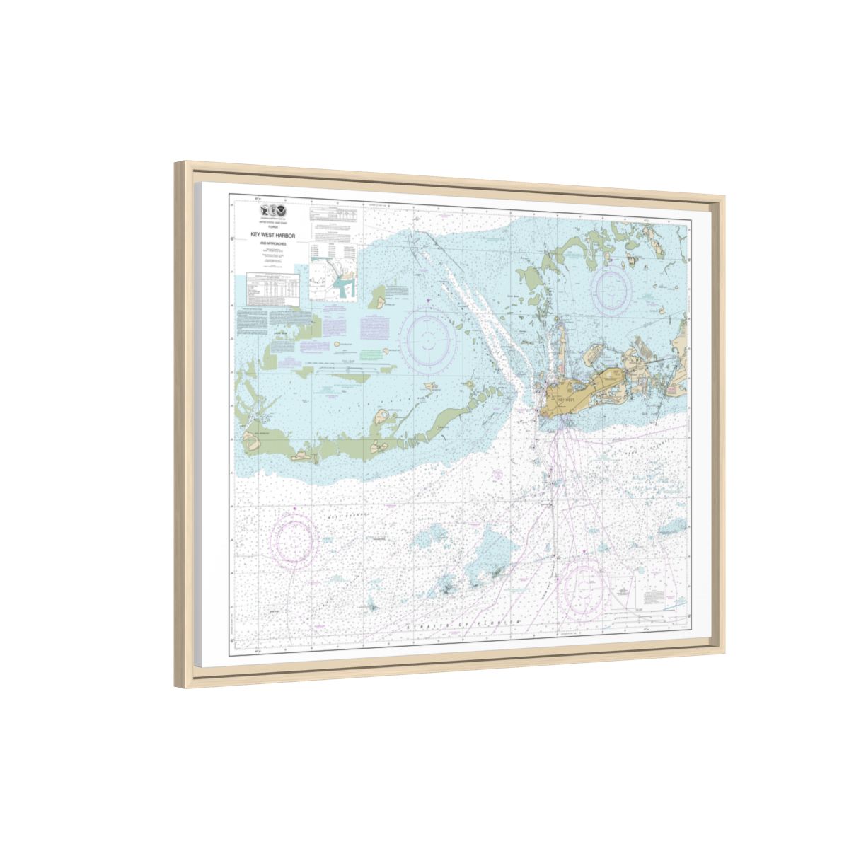 Chart 11441 Key West Harbor and Approaches - NOAA Nautical Chart Floating Frame Canvas | 32" x 24" | 40" x 30" - Natural side