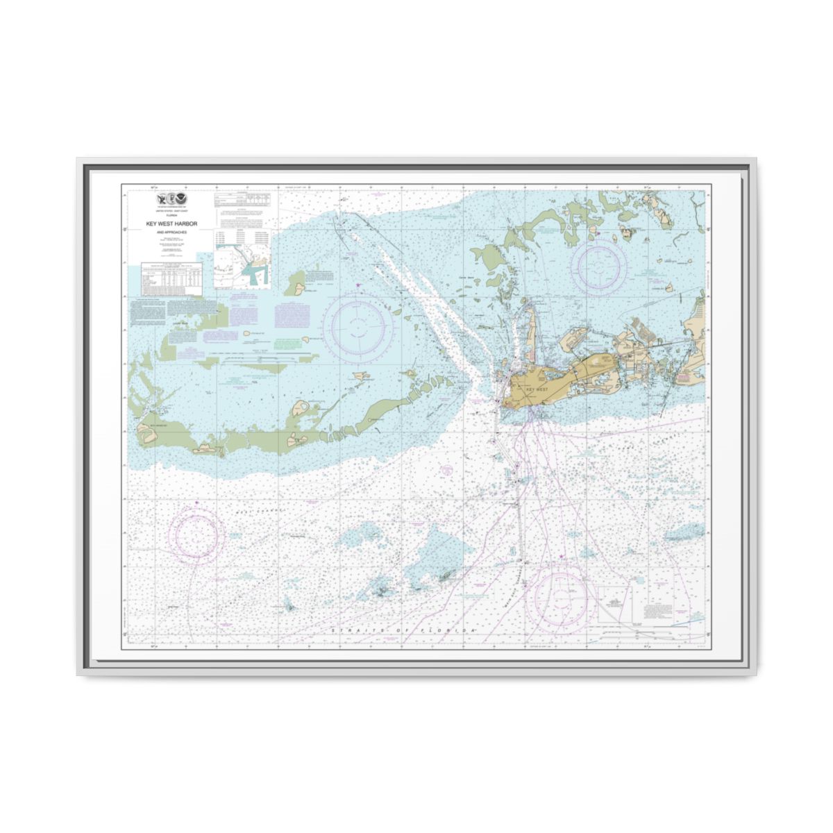 Chart 11441 Key West Harbor and Approaches - NOAA Nautical Chart Floating Frame Canvas | 32" x 24" | 40" x 30" - White front