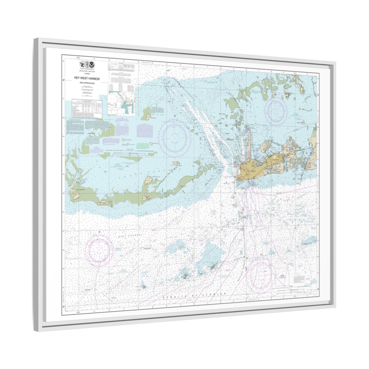 Chart 11441 Key West Harbor and Approaches - NOAA Nautical Chart Floating Frame Canvas | 32" x 24" | 40" x 30" - White side