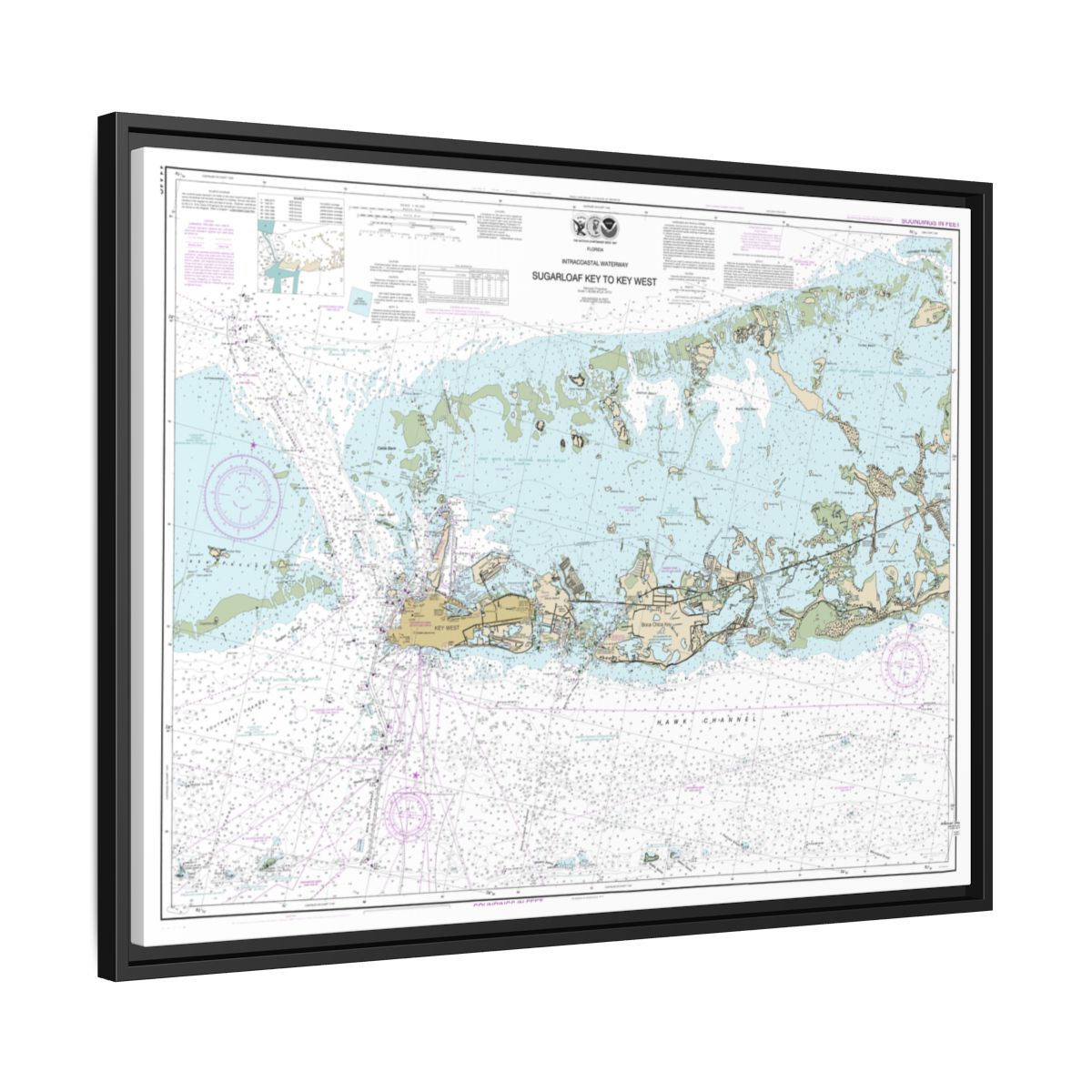 Chart 11446 Intracoastal Waterway Sugarloaf Key To Key West - NOAA Nautical Chart Floating Frame Canvas | 32" x 24" | 40" x 30" - Black side