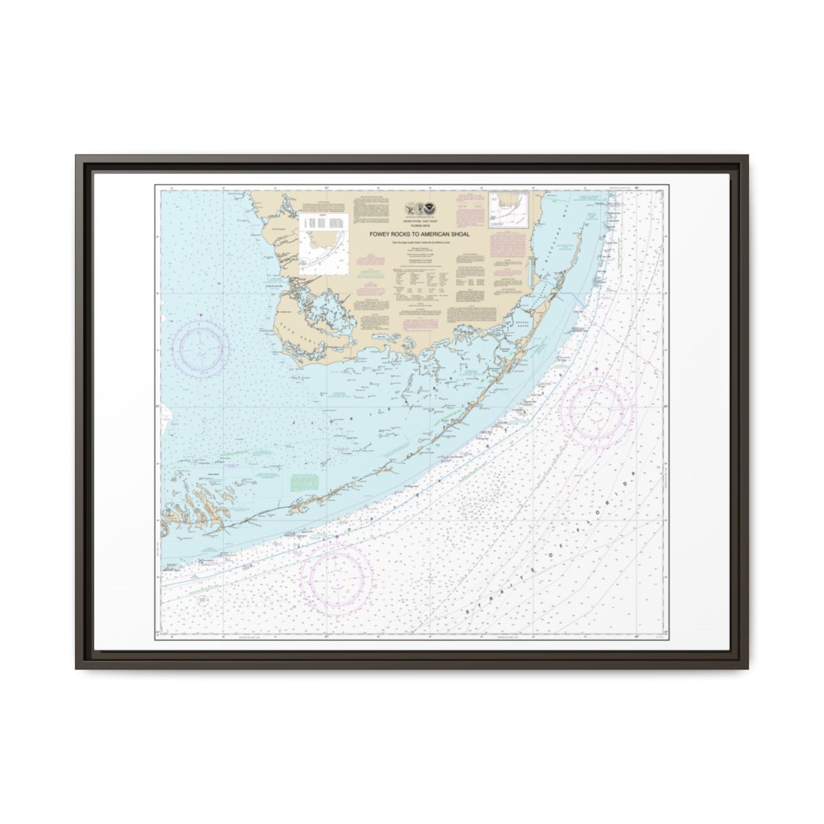 Chart 11450 Fowey Rocks to American Shoal - NOAA Nautical Chart Floating Frame Canvas | 32" x 24" | 40" x 30" - Espresso front