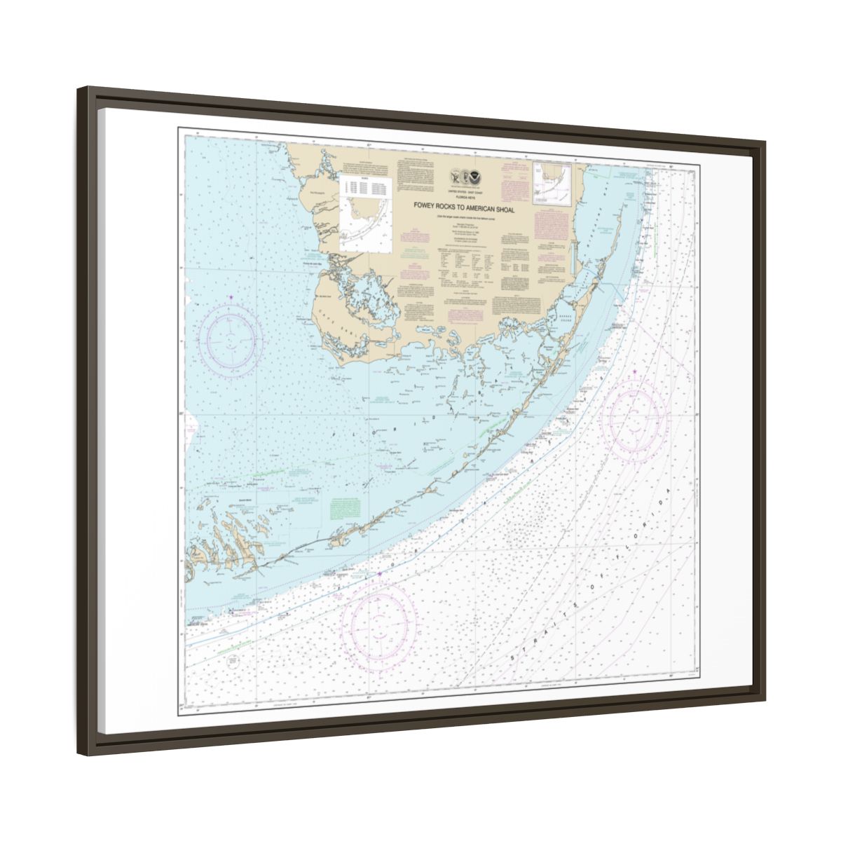 Chart 11450 Fowey Rocks to American Shoal - NOAA Nautical Chart Floating Frame Canvas | 32" x 24" | 40" x 30" - Espresso side