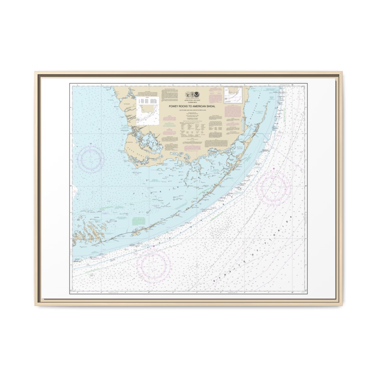 Chart 11450 Fowey Rocks to American Shoal - NOAA Nautical Chart Floating Frame Canvas | 32" x 24" | 40" x 30" - Natural front