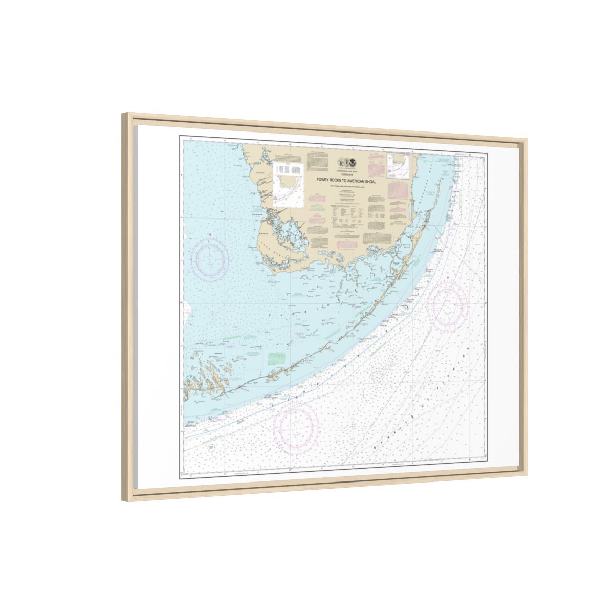 Chart 11450 Fowey Rocks to American Shoal - NOAA Nautical Chart Floating Frame Canvas | 32" x 24" | 40" x 30" - Natural side