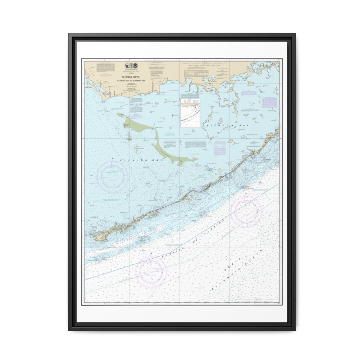 Chart 11452 Florida Keys - Alligator Reef to Sombrero Key - NOAA Nautical Chart Floating Frame Canvas | 24" x 32" | 30" x 40" - Black front