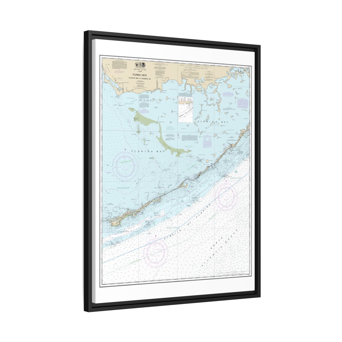 Chart 11452 Florida Keys - Alligator Reef to Sombrero Key - NOAA Nautical Chart Floating Frame Canvas | 24" x 32" | 30" x 40" - Black side
