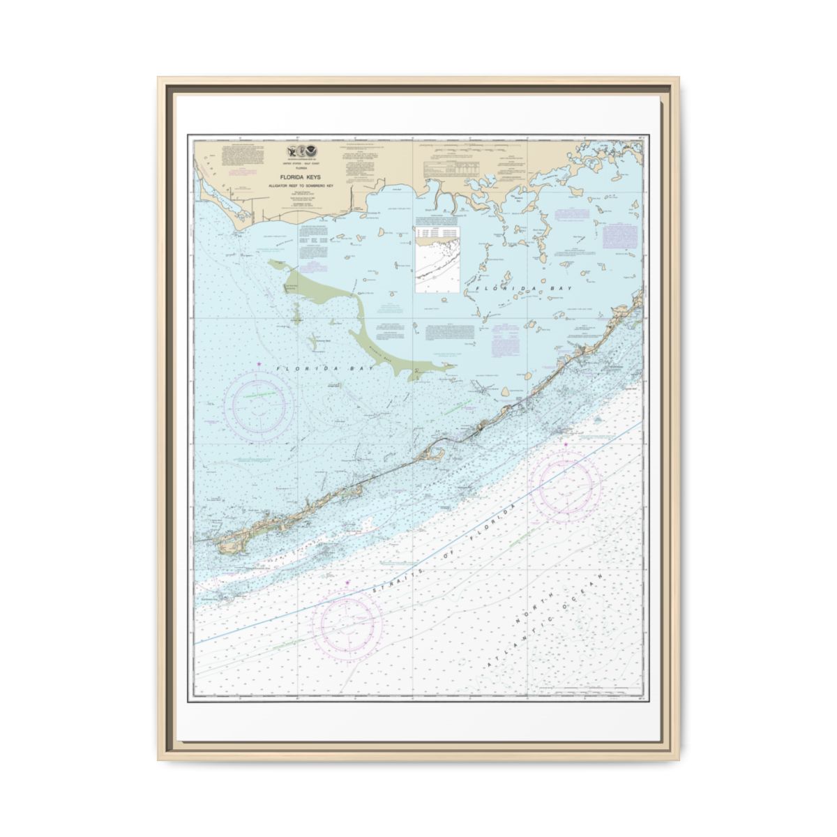 Chart 11452 Florida Keys - Alligator Reef to Sombrero Key - NOAA Nautical Chart Floating Frame Canvas | 24" x 32" | 30" x 40" - Natural front