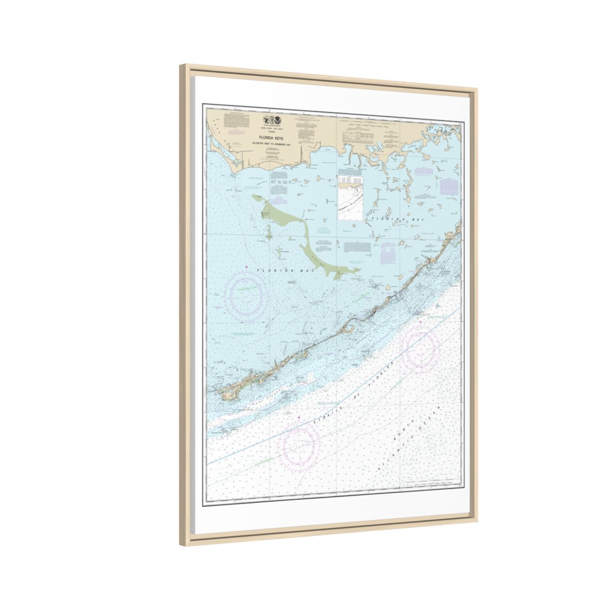 Chart 11452 Florida Keys - Alligator Reef to Sombrero Key - NOAA Nautical Chart Floating Frame Canvas | 24" x 32" | 30" x 40" - Natural side