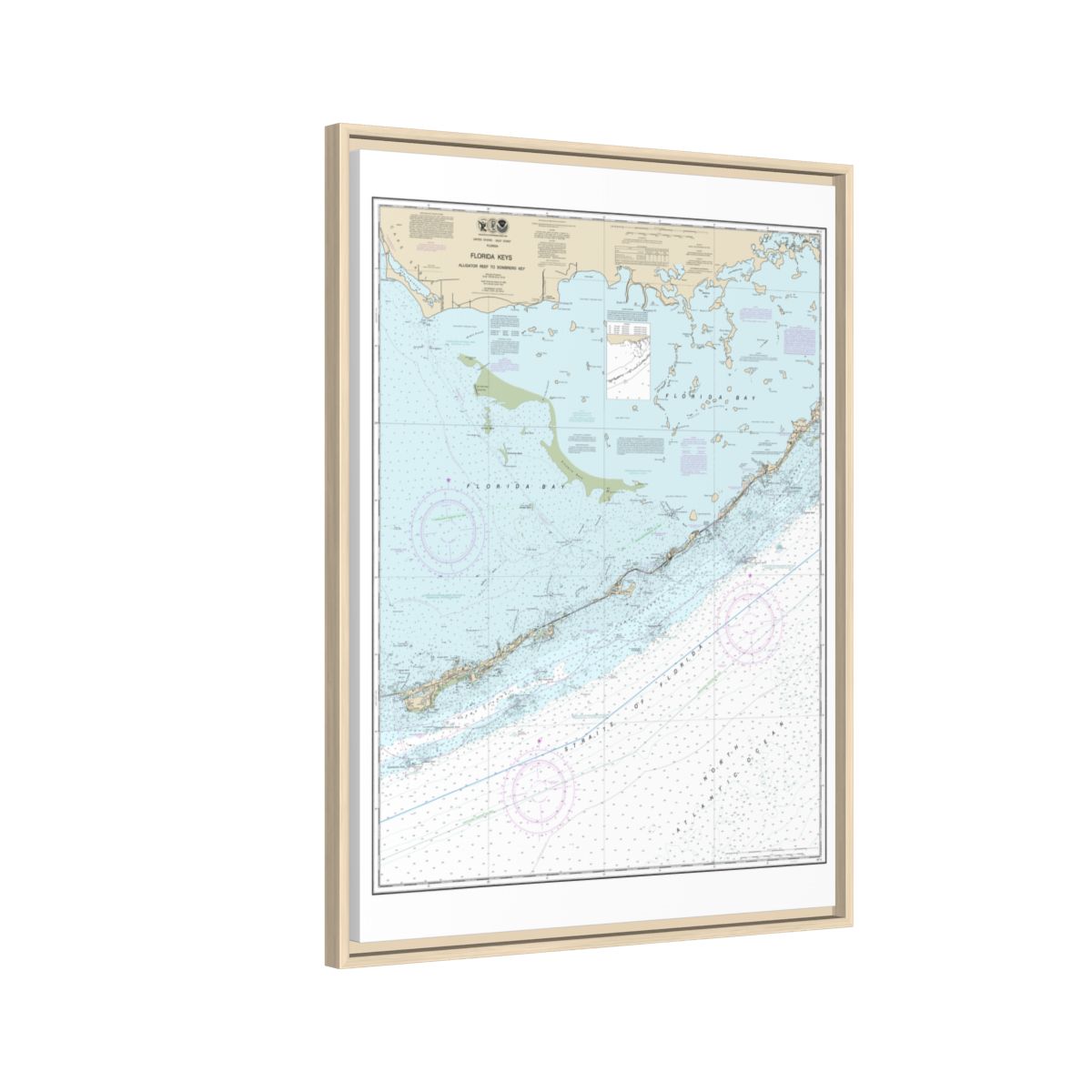 Chart 11452 Florida Keys - Alligator Reef to Sombrero Key - NOAA Nautical Chart Floating Frame Canvas | 24" x 32" | 30" x 40" - Natural side