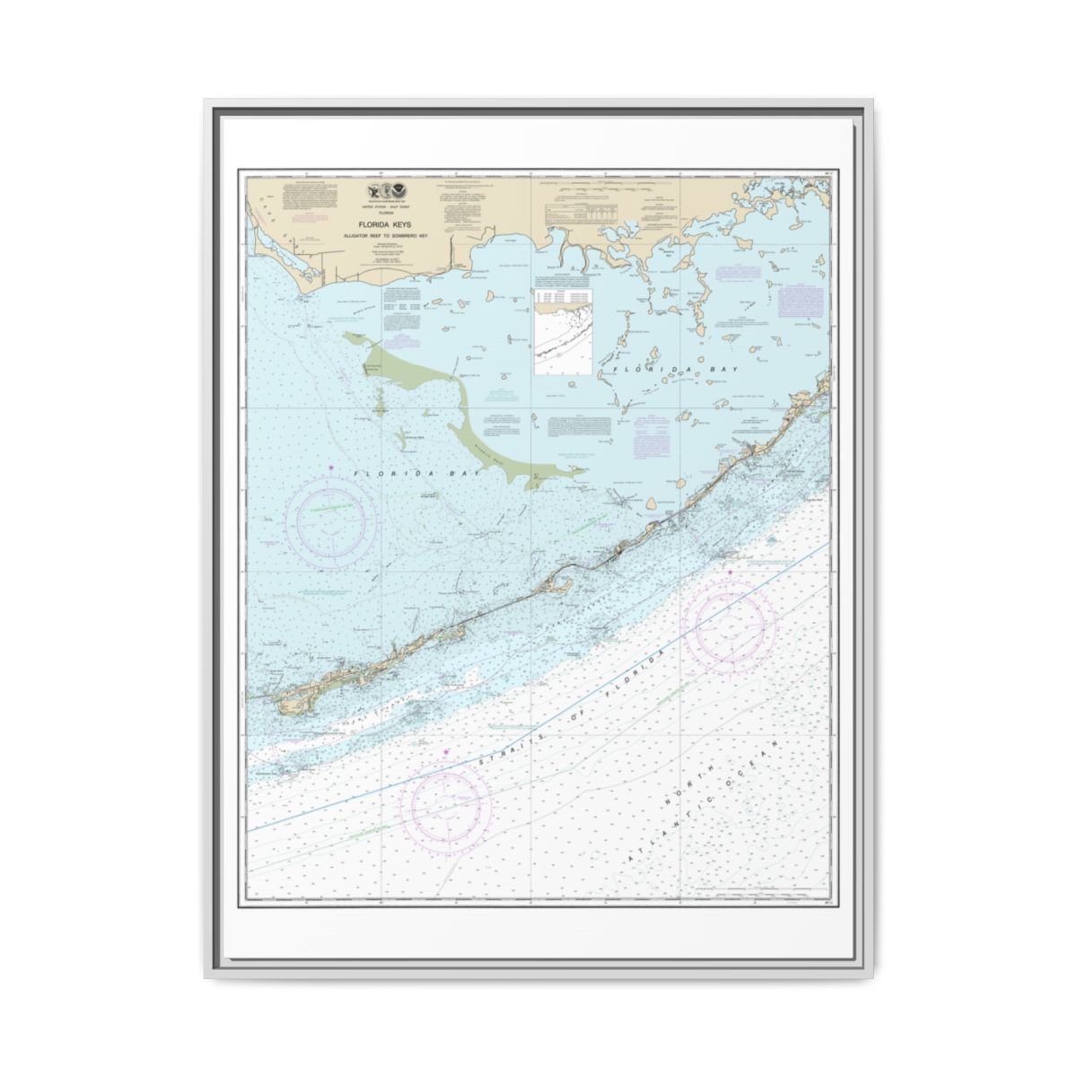 Chart 11452 Florida Keys - Alligator Reef to Sombrero Key - NOAA Nautical Chart Floating Frame Canvas | 24" x 32" | 30" x 40" - White front
