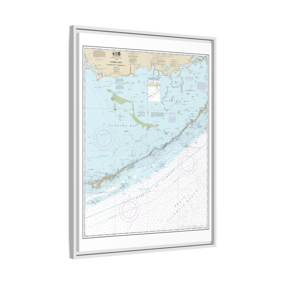 Chart 11452 Florida Keys - Alligator Reef to Sombrero Key - NOAA Nautical Chart Floating Frame Canvas | 24" x 32" | 30" x 40" - White side
