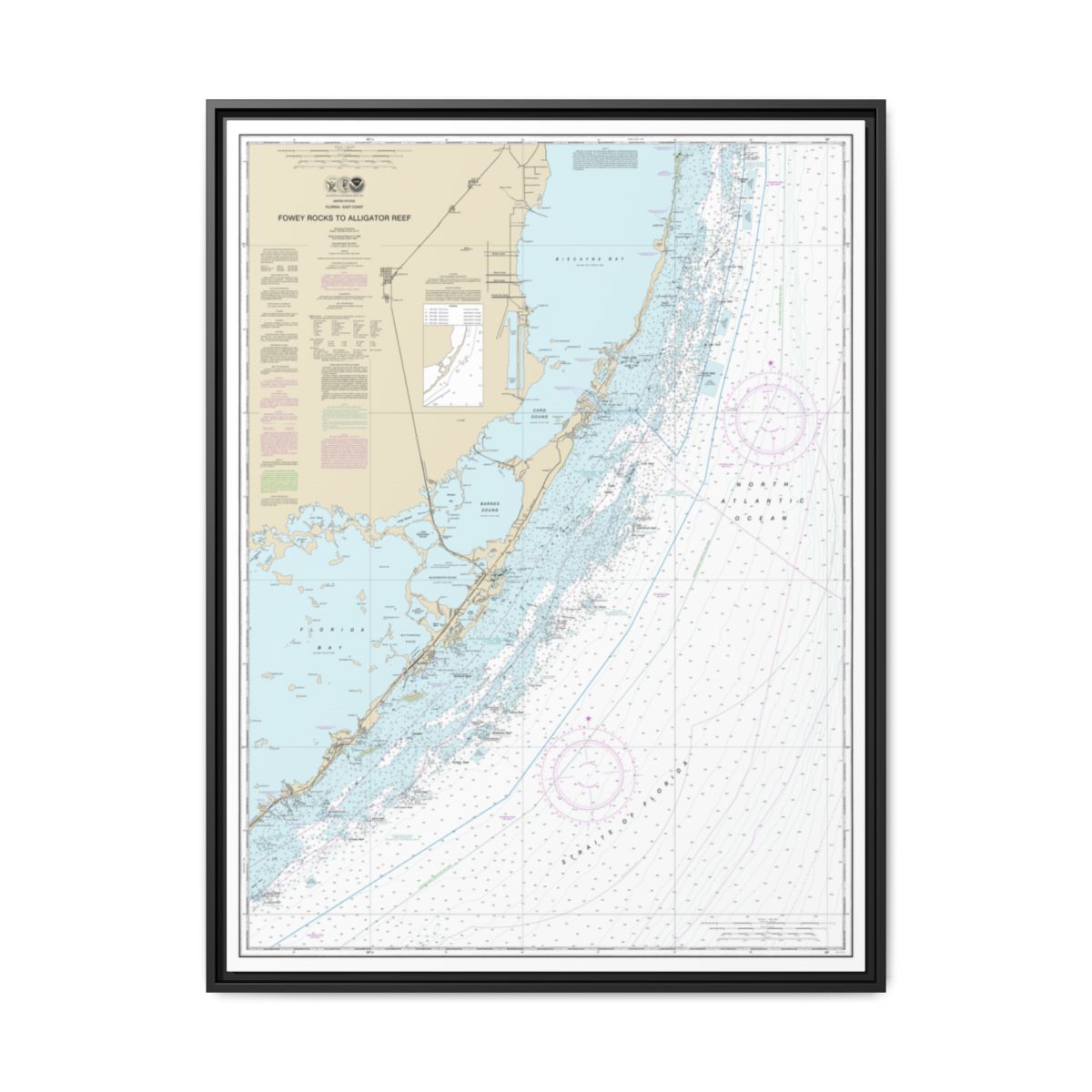 Chart 11462 Fowey Rocks to Alligator Reef - NOAA Nautical Chart Floating Frame Canvas | 24" x 32" | 30" x 40" - Black front