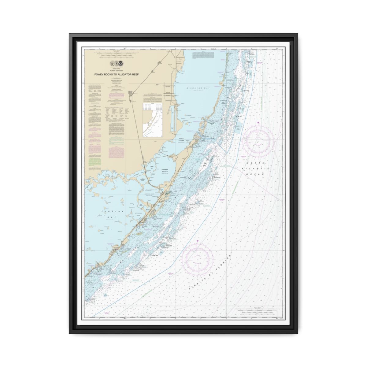 Chart 11462 Fowey Rocks to Alligator Reef - NOAA Nautical Chart Floating Frame Canvas | 24" x 32" | 30" x 40" - Black front