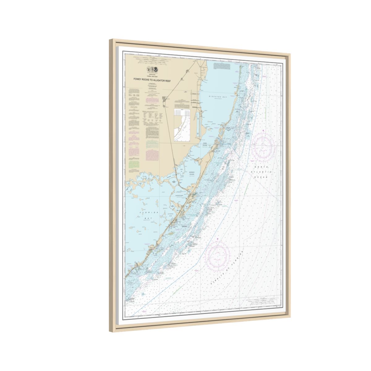 Chart 11462 Fowey Rocks to Alligator Reef - NOAA Nautical Chart Floating Frame Canvas | 24" x 32" | 30" x 40" - Natural side