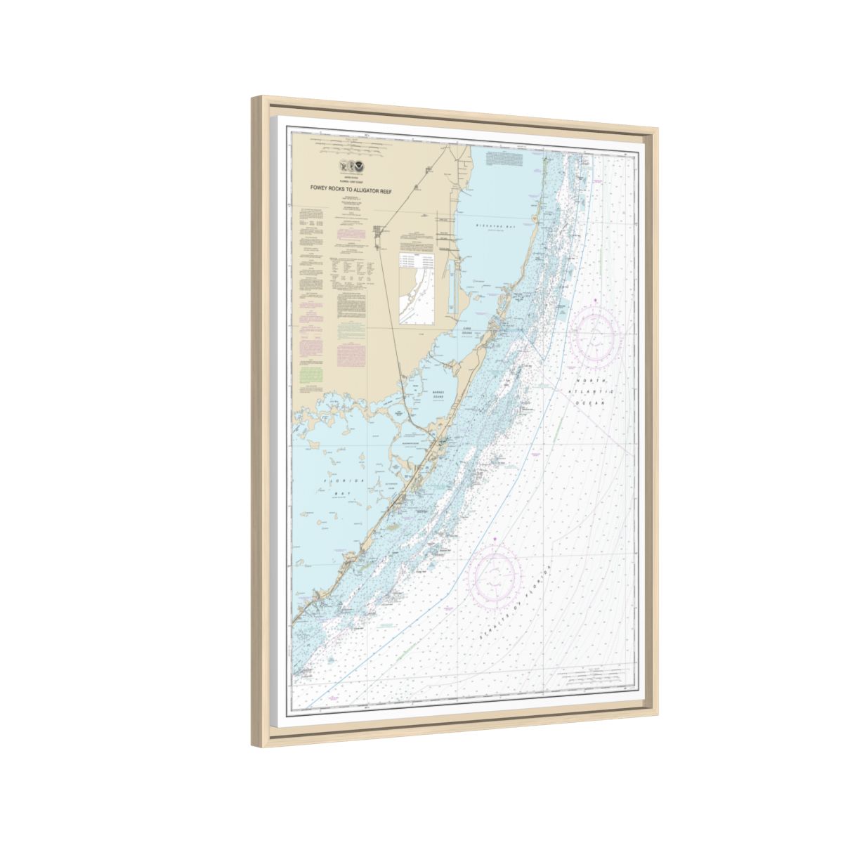 Chart 11462 Fowey Rocks to Alligator Reef - NOAA Nautical Chart Floating Frame Canvas | 24" x 32" | 30" x 40" - Natural side