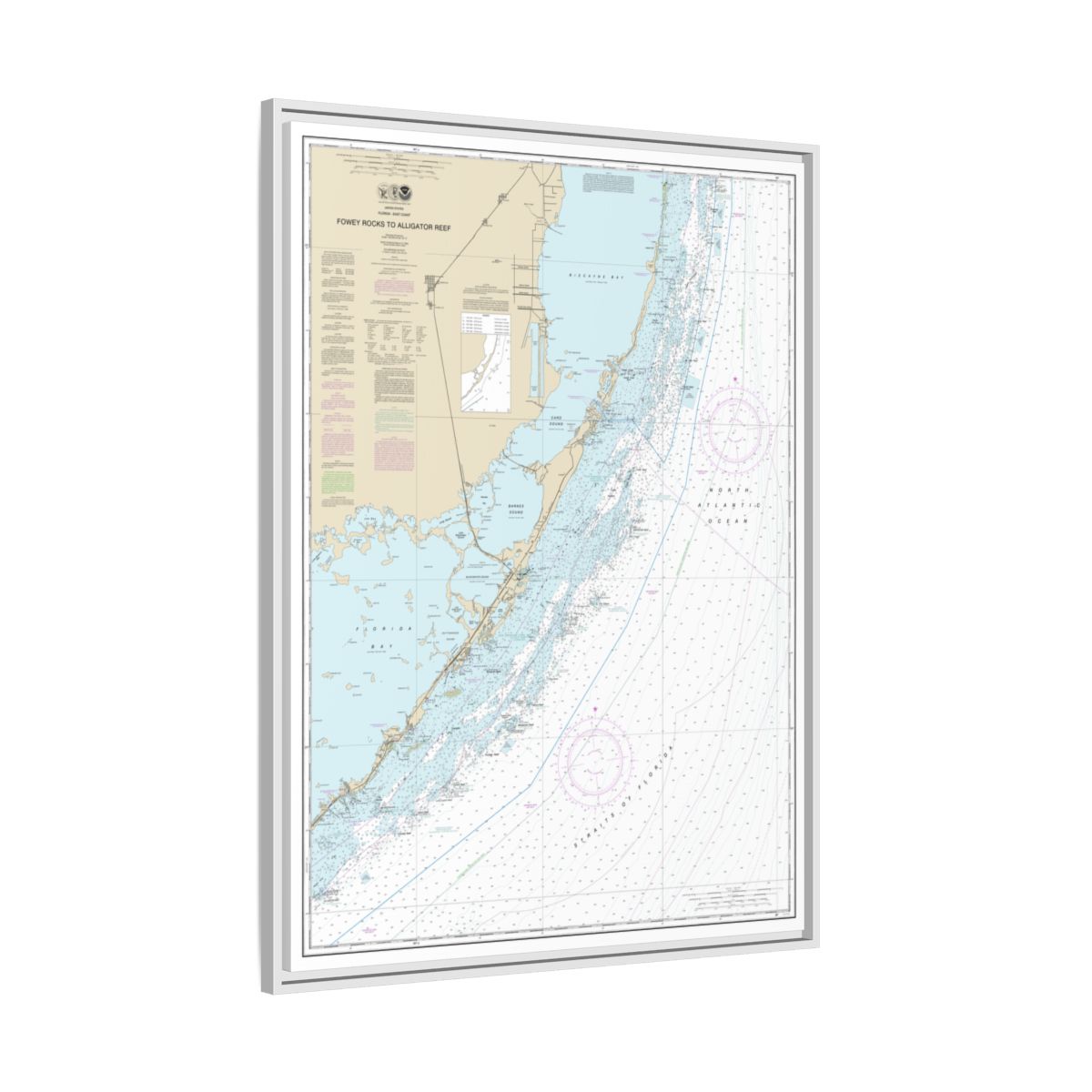 Chart 11462 Fowey Rocks to Alligator Reef - NOAA Nautical Chart Floating Frame Canvas | 24" x 32" | 30" x 40" - White side
