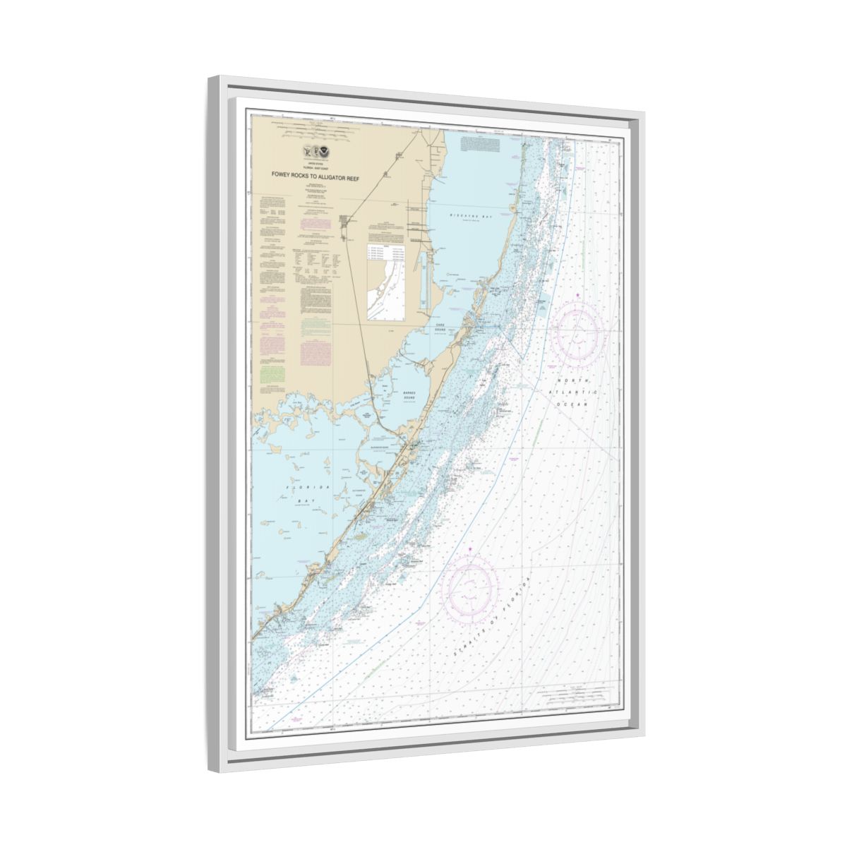 Chart 11462 Fowey Rocks to Alligator Reef - NOAA Nautical Chart Floating Frame Canvas | 24" x 32" | 30" x 40" - White side