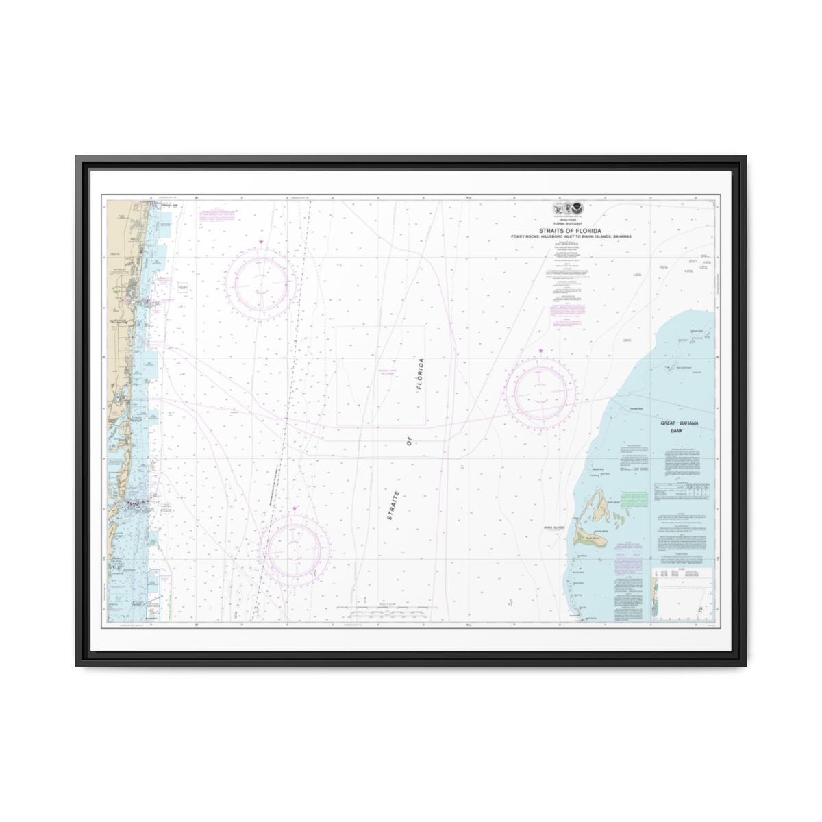 Chart 11469 Straits of Florida Fowey Rocks, Hillsboro Inlet to Bimini Islands, Bahamas - NOAA Nautical Chart Floating Frame Canvas | 32" x 24" | 40" x 30" - Black front