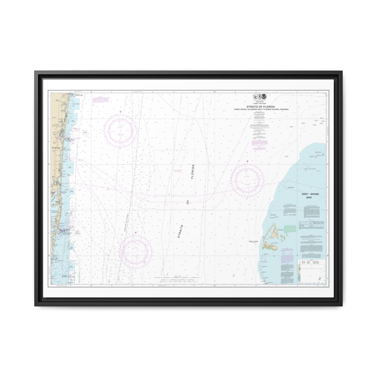 Chart 11469 Straits of Florida Fowey Rocks, Hillsboro Inlet to Bimini Islands, Bahamas - NOAA Nautical Chart Floating Frame Canvas | 32" x 24" | 40" x 30" - Black front