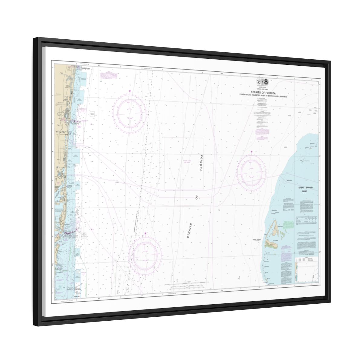 Chart 11469 Straits of Florida Fowey Rocks, Hillsboro Inlet to Bimini Islands, Bahamas - NOAA Nautical Chart Floating Frame Canvas | 32" x 24" | 40" x 30" - Black side