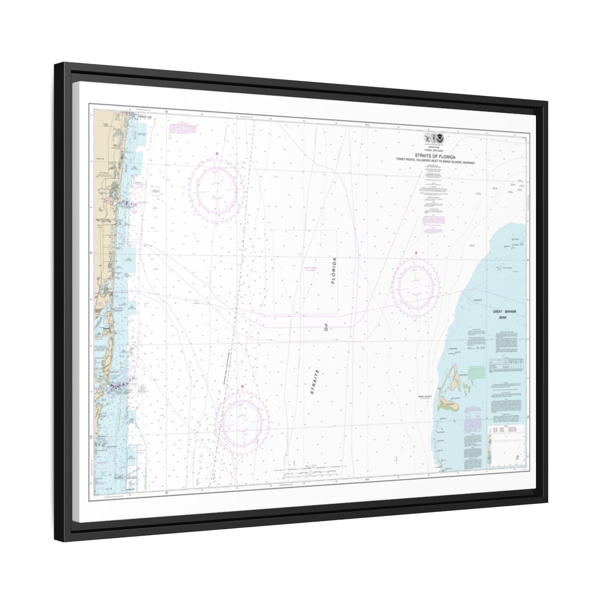 Chart 11469 Straits of Florida Fowey Rocks, Hillsboro Inlet to Bimini Islands, Bahamas - NOAA Nautical Chart Floating Frame Canvas | 32" x 24" | 40" x 30" - Black side