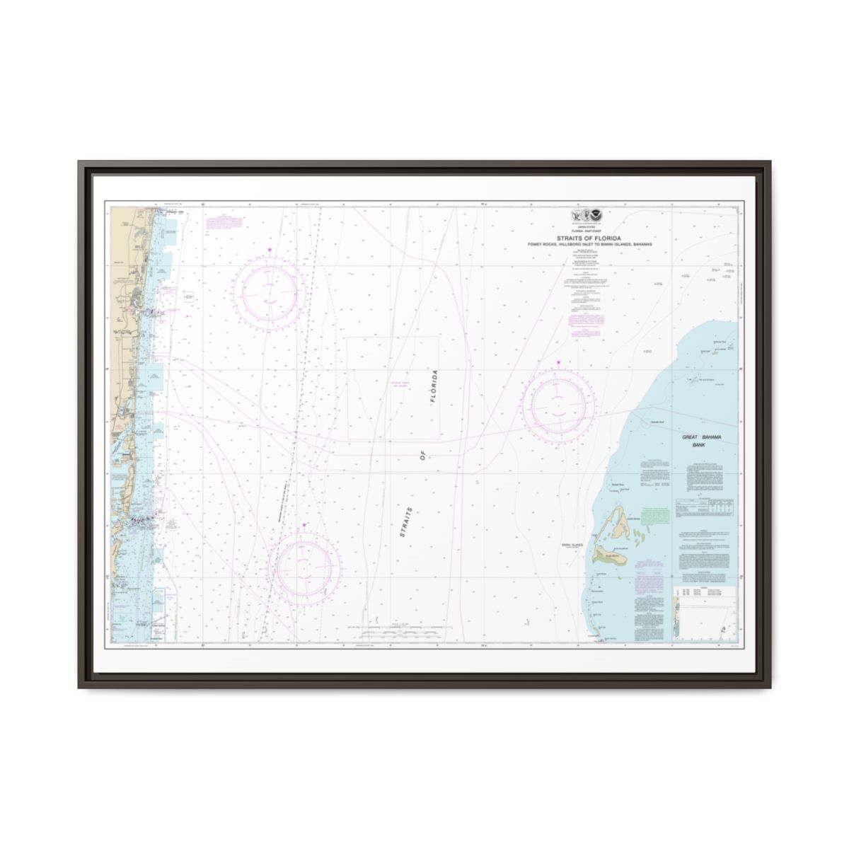Chart 11469 Straits of Florida Fowey Rocks, Hillsboro Inlet to Bimini Islands, Bahamas - NOAA Nautical Chart Floating Frame Canvas | 32" x 24" | 40" x 30" - Espresso front