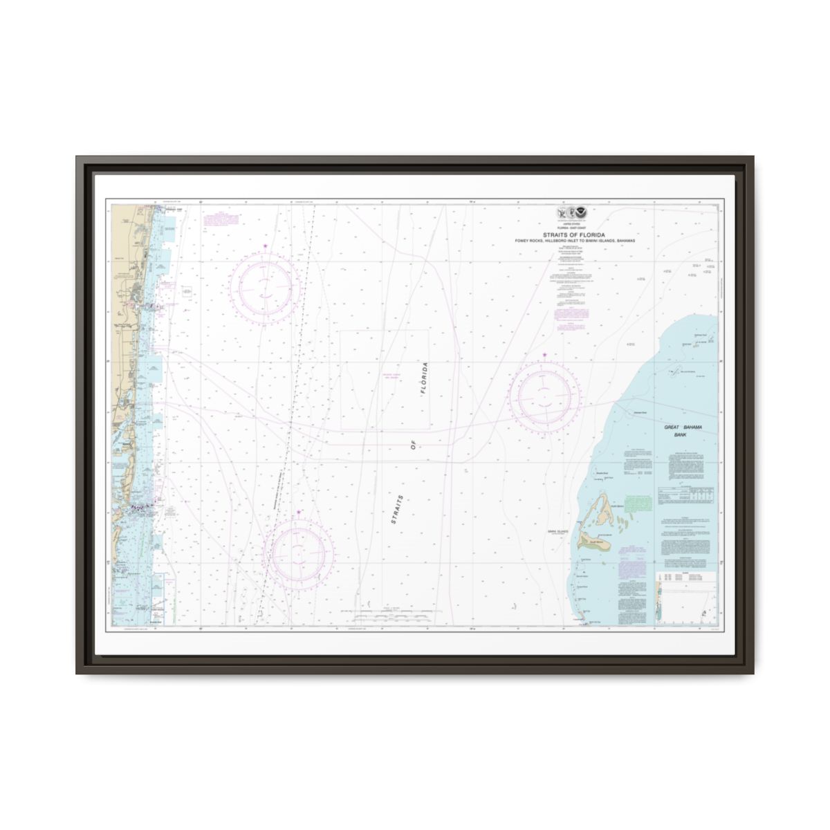 Chart 11469 Straits of Florida Fowey Rocks, Hillsboro Inlet to Bimini Islands, Bahamas - NOAA Nautical Chart Floating Frame Canvas | 32" x 24" | 40" x 30" - Espresso front