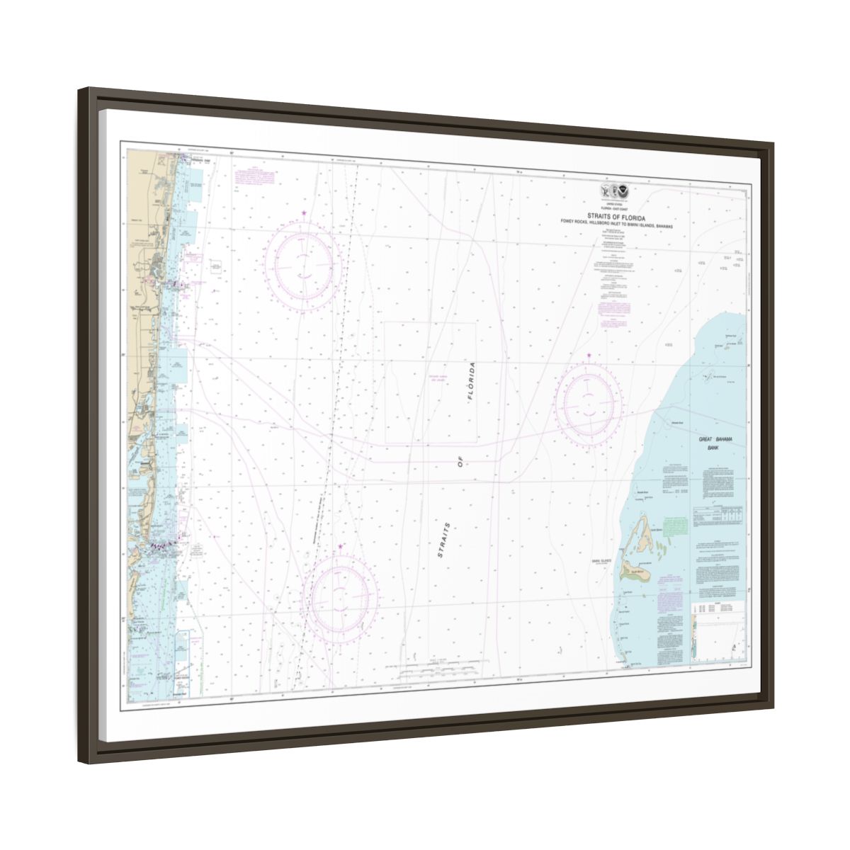 Chart 11469 Straits of Florida Fowey Rocks, Hillsboro Inlet to Bimini Islands, Bahamas - NOAA Nautical Chart Floating Frame Canvas | 32" x 24" | 40" x 30" - Espresso side