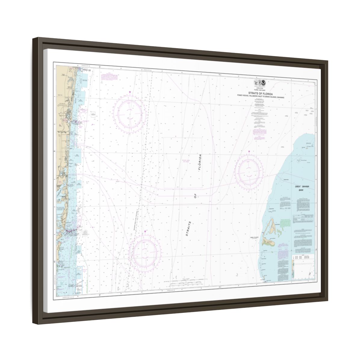 Chart 11469 Straits of Florida Fowey Rocks, Hillsboro Inlet to Bimini Islands, Bahamas - NOAA Nautical Chart Floating Frame Canvas | 32" x 24" | 40" x 30" - Espresso side