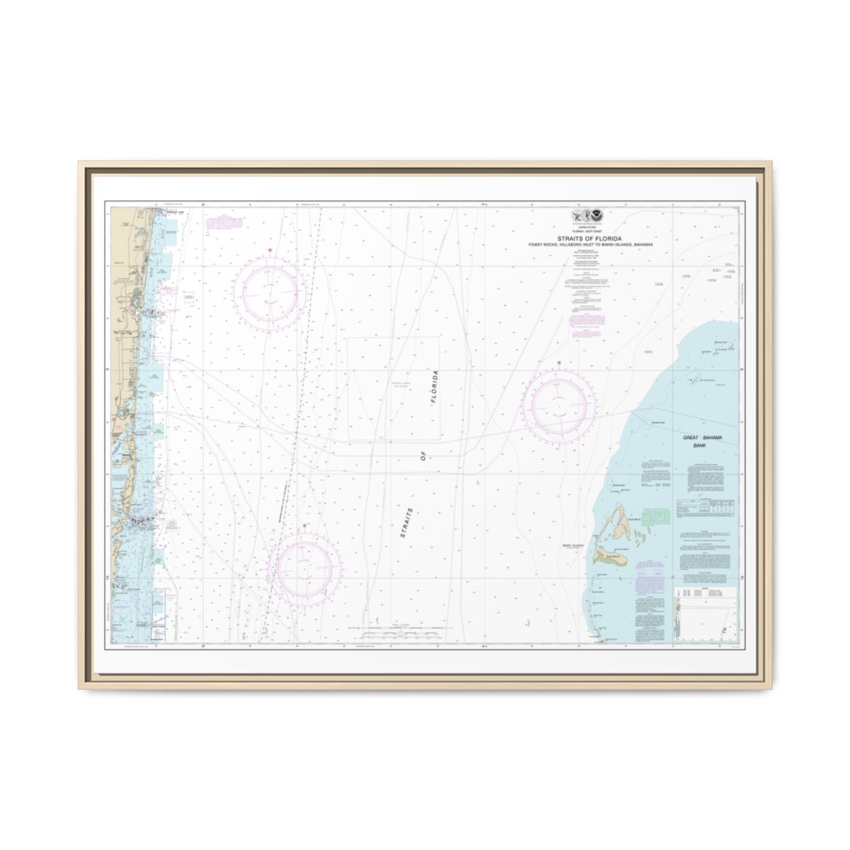 Chart 11469 Straits of Florida Fowey Rocks, Hillsboro Inlet to Bimini Islands, Bahamas - NOAA Nautical Chart Floating Frame Canvas | 32" x 24" | 40" x 30" - Natural front