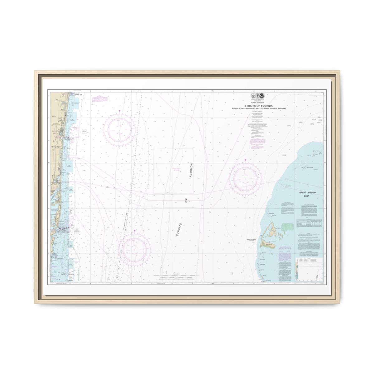 Chart 11469 Straits of Florida Fowey Rocks, Hillsboro Inlet to Bimini Islands, Bahamas - NOAA Nautical Chart Floating Frame Canvas | 32" x 24" | 40" x 30" - Natural front