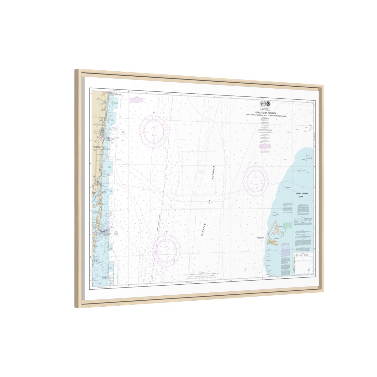 Chart 11469 Straits of Florida Fowey Rocks, Hillsboro Inlet to Bimini Islands, Bahamas - NOAA Nautical Chart Floating Frame Canvas | 32" x 24" | 40" x 30" - Natural side
