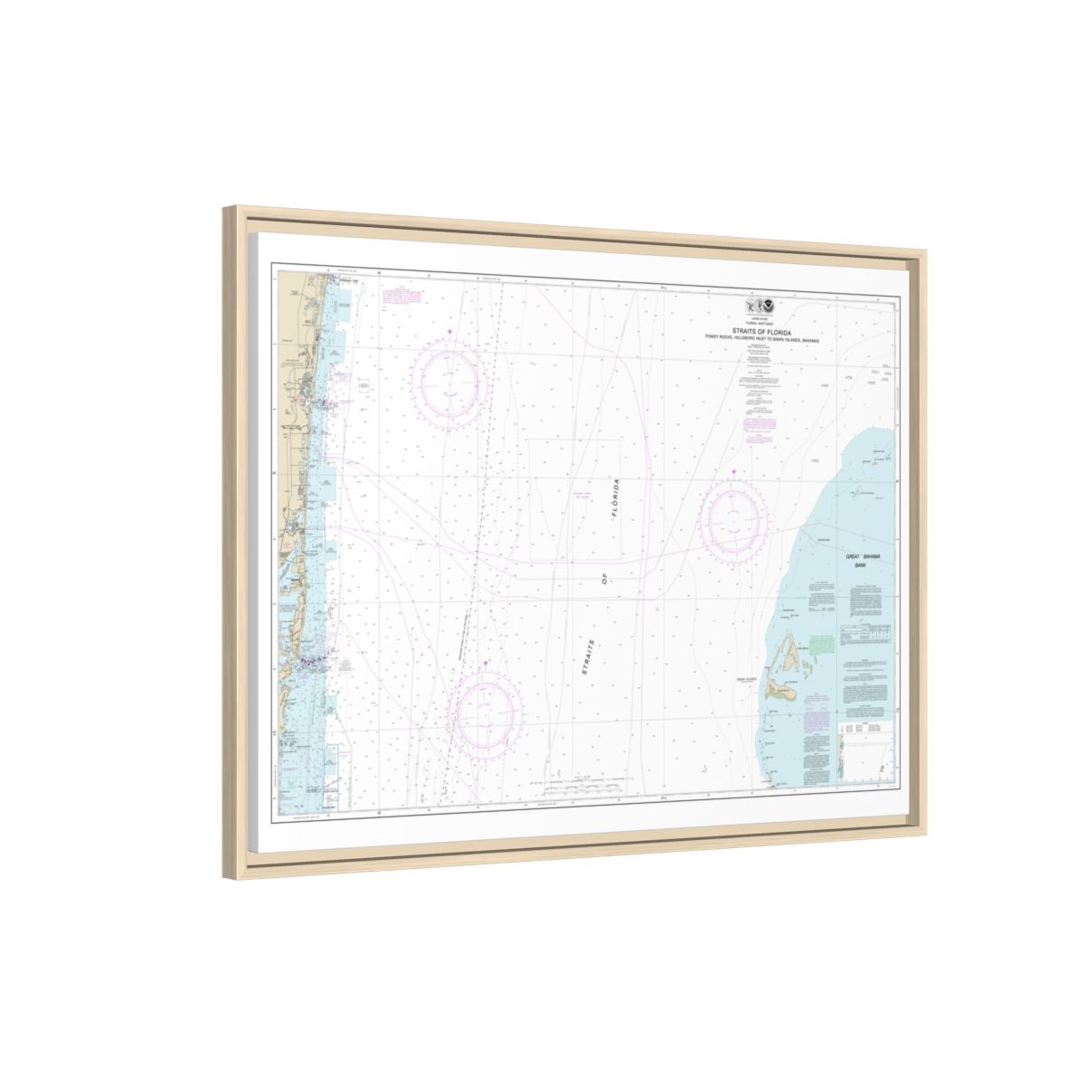 Chart 11469 Straits of Florida Fowey Rocks, Hillsboro Inlet to Bimini Islands, Bahamas - NOAA Nautical Chart Floating Frame Canvas | 32" x 24" | 40" x 30" - Natural side