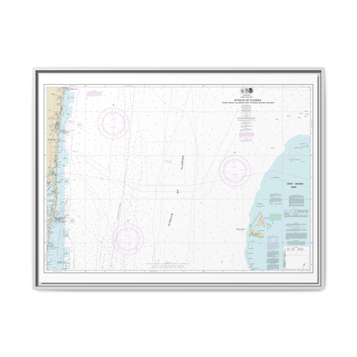 Chart 11469 Straits of Florida Fowey Rocks, Hillsboro Inlet to Bimini Islands, Bahamas - NOAA Nautical Chart Floating Frame Canvas | 32" x 24" | 40" x 30" - White front