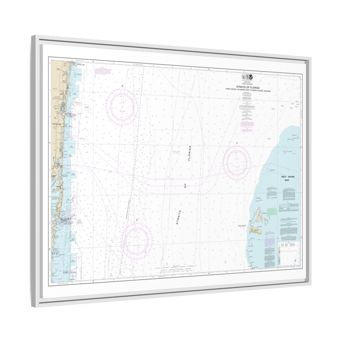 Chart 11469 Straits of Florida Fowey Rocks, Hillsboro Inlet to Bimini Islands, Bahamas - NOAA Nautical Chart Floating Frame Canvas | 32" x 24" | 40" x 30" - White side