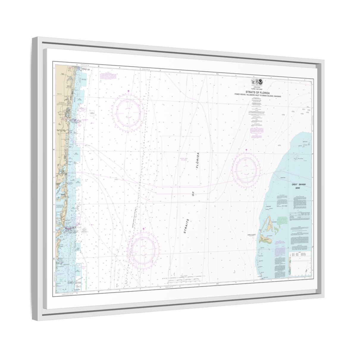 Chart 11469 Straits of Florida Fowey Rocks, Hillsboro Inlet to Bimini Islands, Bahamas - NOAA Nautical Chart Floating Frame Canvas | 32" x 24" | 40" x 30" - White side