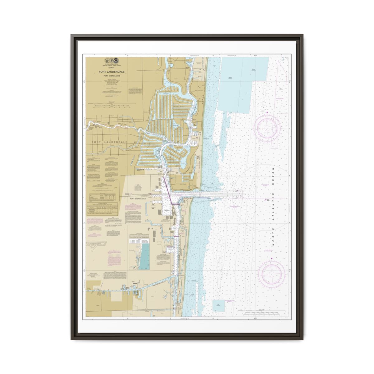 Chart 11470 Fort Lauderdale Port Everglades - NOAA Nautical Chart Floating Frame Canvas | 24" x 32" | 30" x 40" - Espresso front