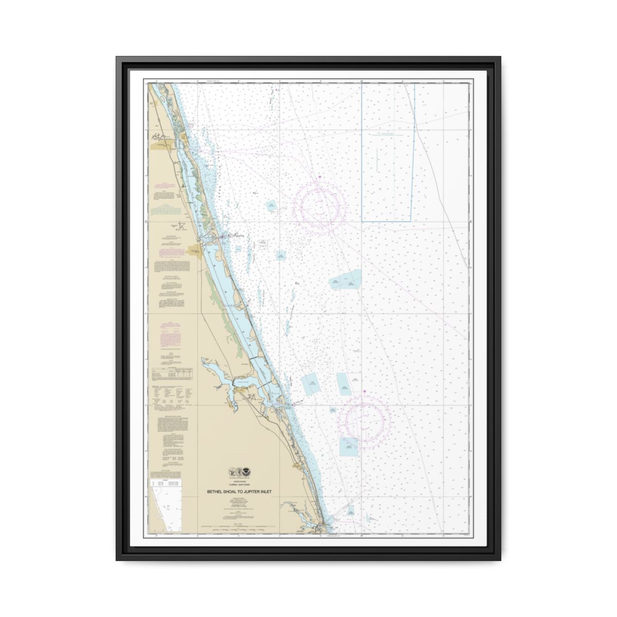 Chart 11474 Bethel Shoal to Jupiter Inlet - NOAA Nautical Chart Floating Frame Canvas | 24" x 32" | 30" x 40" - Black front