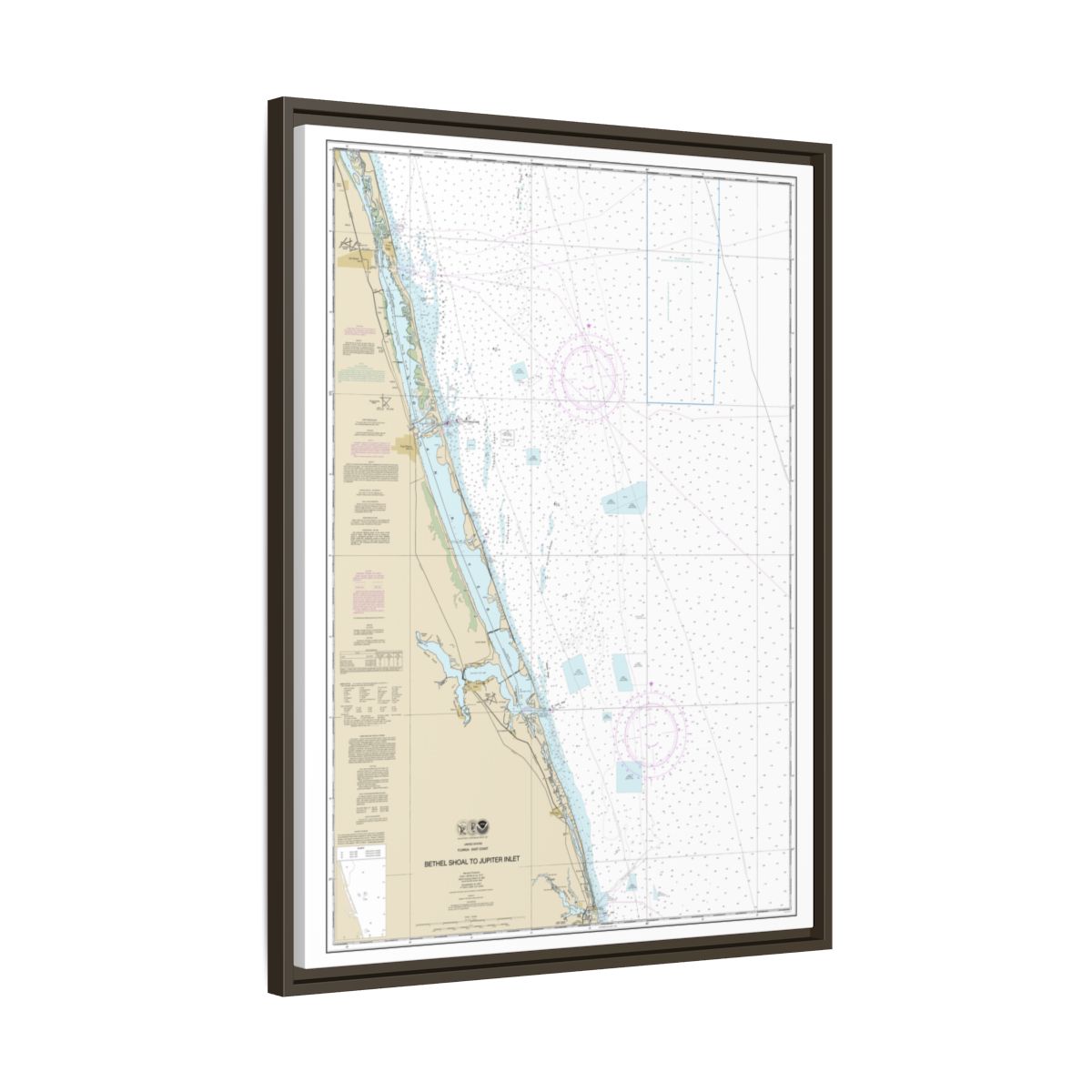Chart 11474 Bethel Shoal to Jupiter Inlet - NOAA Nautical Chart Floating Frame Canvas | 24" x 32" | 30" x 40" - Espresso side