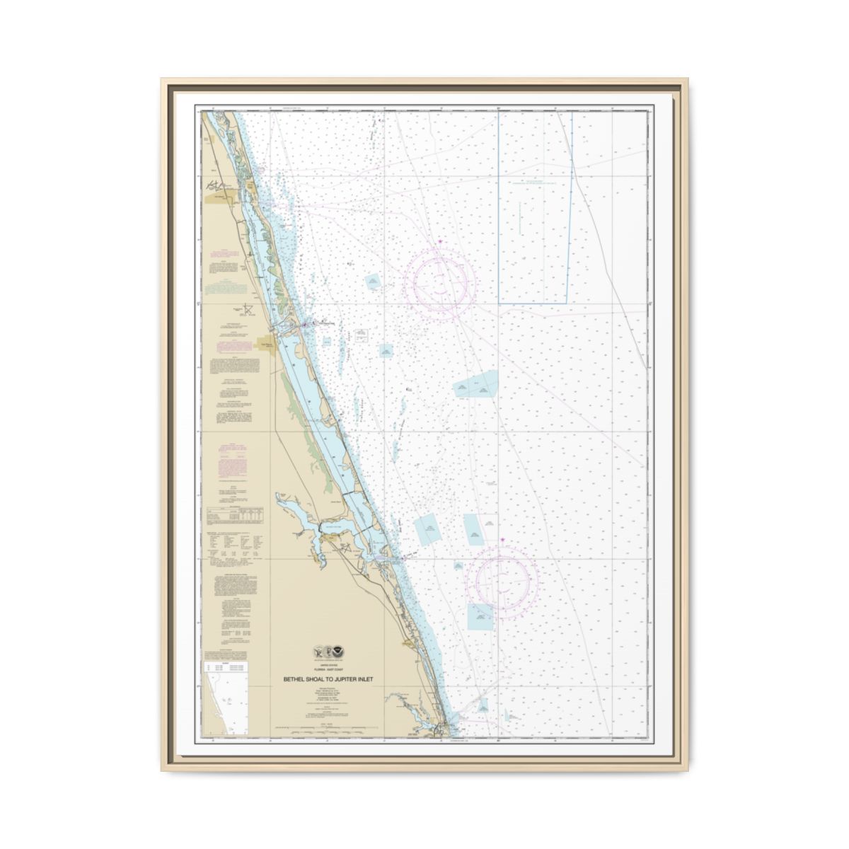 Chart 11474 Bethel Shoal to Jupiter Inlet - NOAA Nautical Chart Floating Frame Canvas | 24" x 32" | 30" x 40" - Natural front
