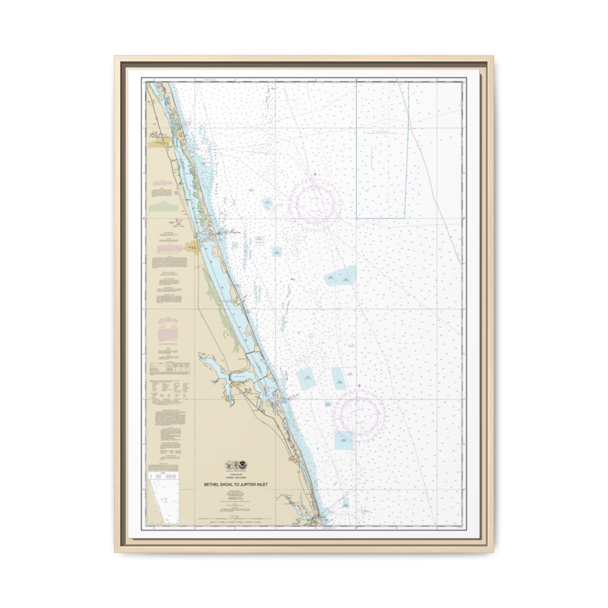 Chart 11474 Bethel Shoal to Jupiter Inlet - NOAA Nautical Chart Floating Frame Canvas | 24" x 32" | 30" x 40" - Natural front