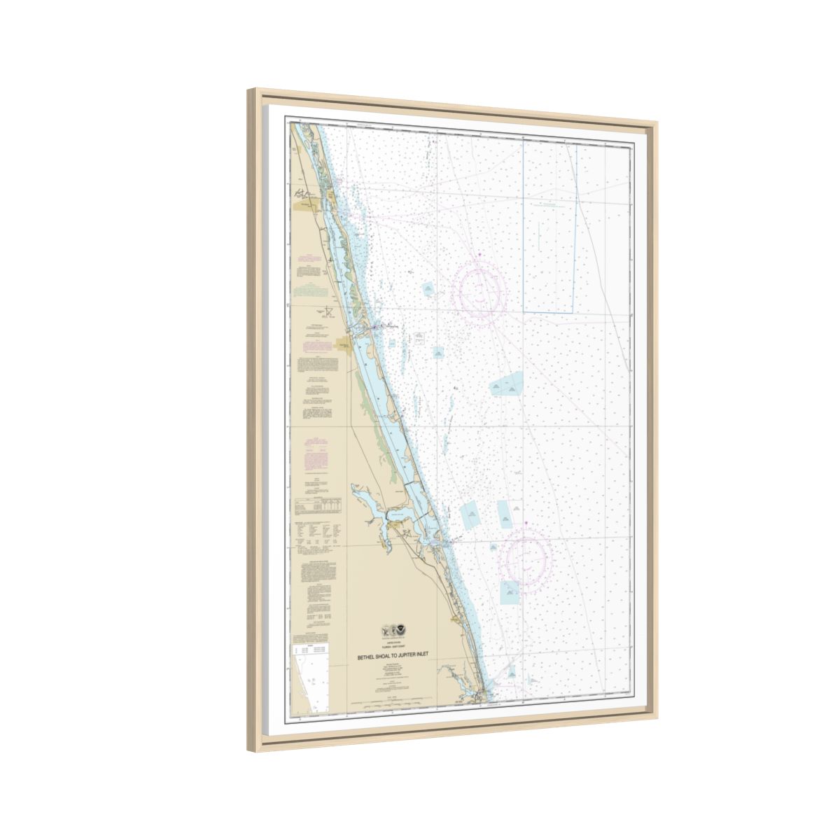 Chart 11474 Bethel Shoal to Jupiter Inlet - NOAA Nautical Chart Floating Frame Canvas | 24" x 32" | 30" x 40" - Natural side