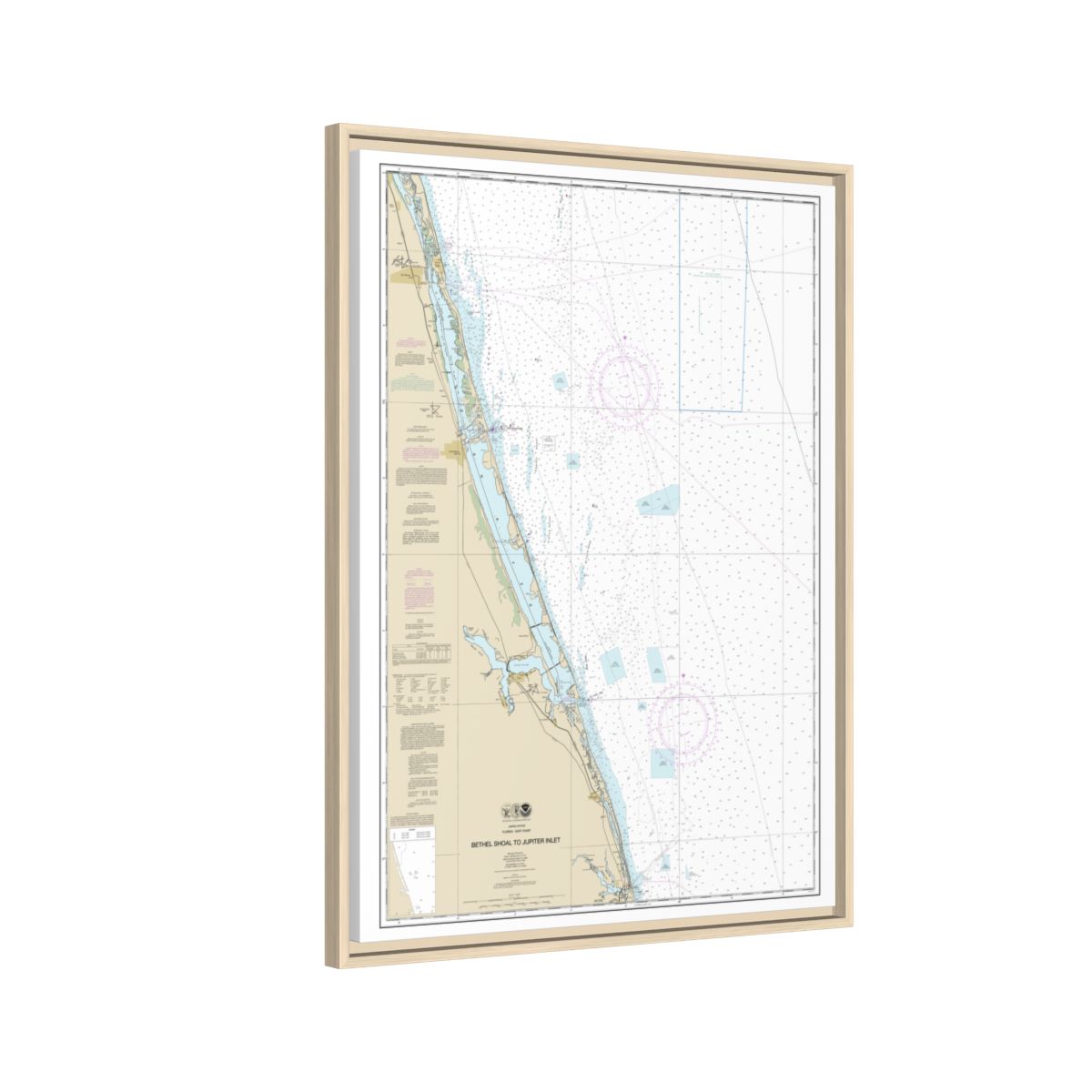 Chart 11474 Bethel Shoal to Jupiter Inlet - NOAA Nautical Chart Floating Frame Canvas | 24" x 32" | 30" x 40" - Natural side