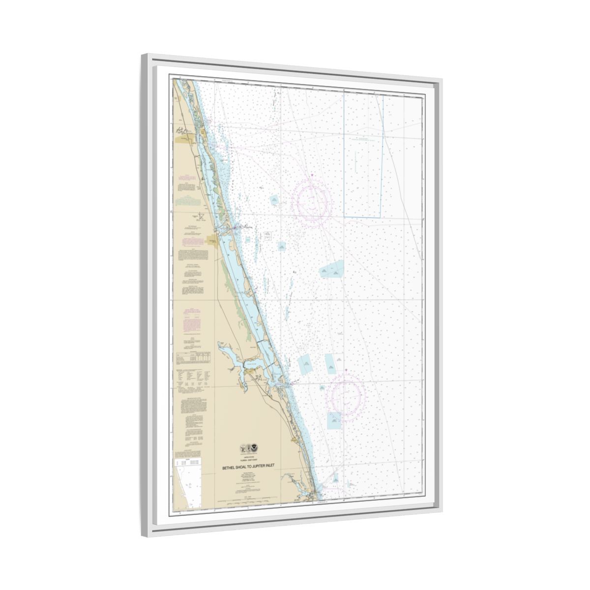Chart 11474 Bethel Shoal to Jupiter Inlet - NOAA Nautical Chart Floating Frame Canvas | 24" x 32" | 30" x 40" - White side