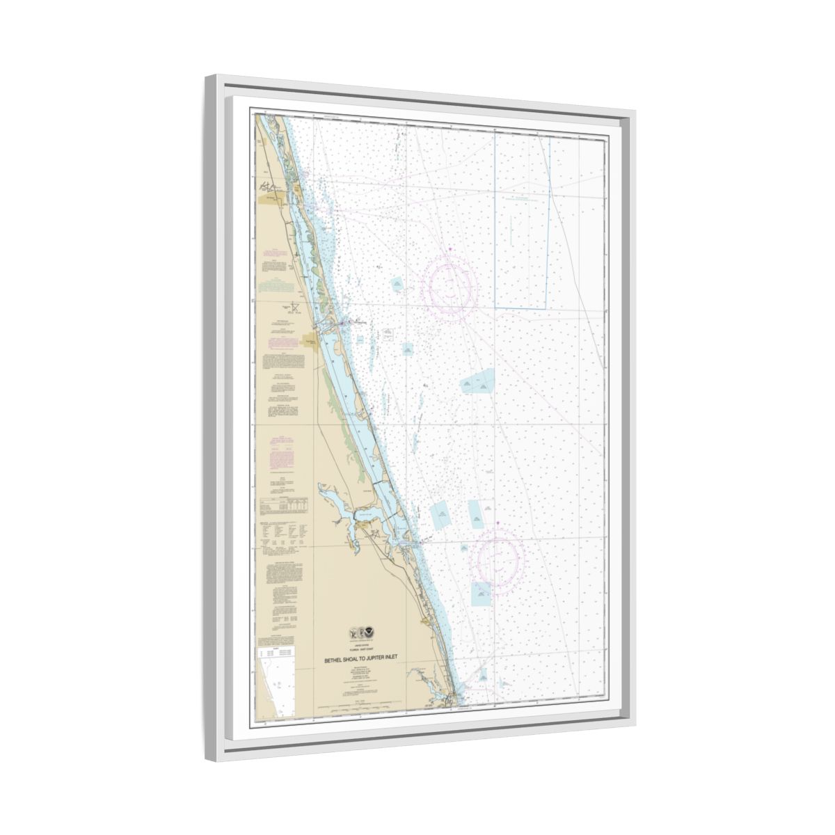 Chart 11474 Bethel Shoal to Jupiter Inlet - NOAA Nautical Chart Floating Frame Canvas | 24" x 32" | 30" x 40" - White side