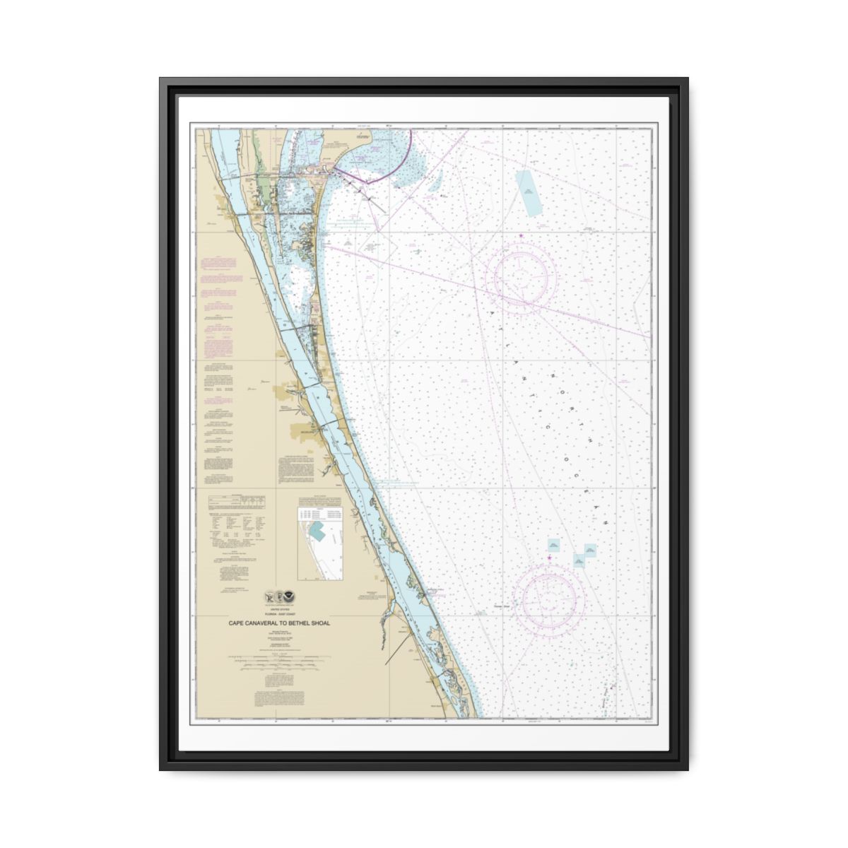 Chart 11476 Cape Canaveral to Bethel Shoal - NOAA Nautical Chart Floating Frame Canvas | 24" x 32" | 30" x 40" - Black front