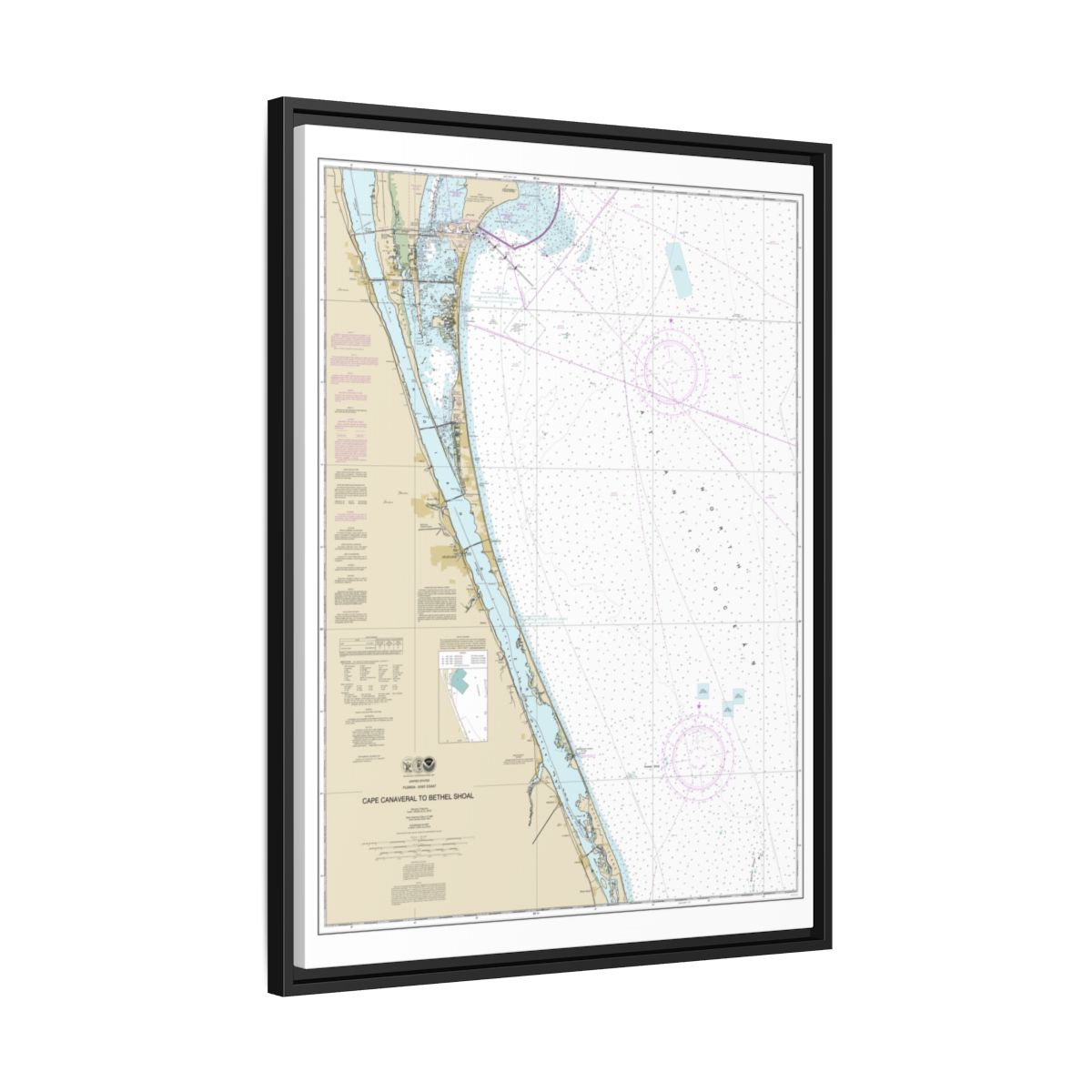 Chart 11476 Cape Canaveral to Bethel Shoal - NOAA Nautical Chart Floating Frame Canvas | 24" x 32" | 30" x 40" - Black side