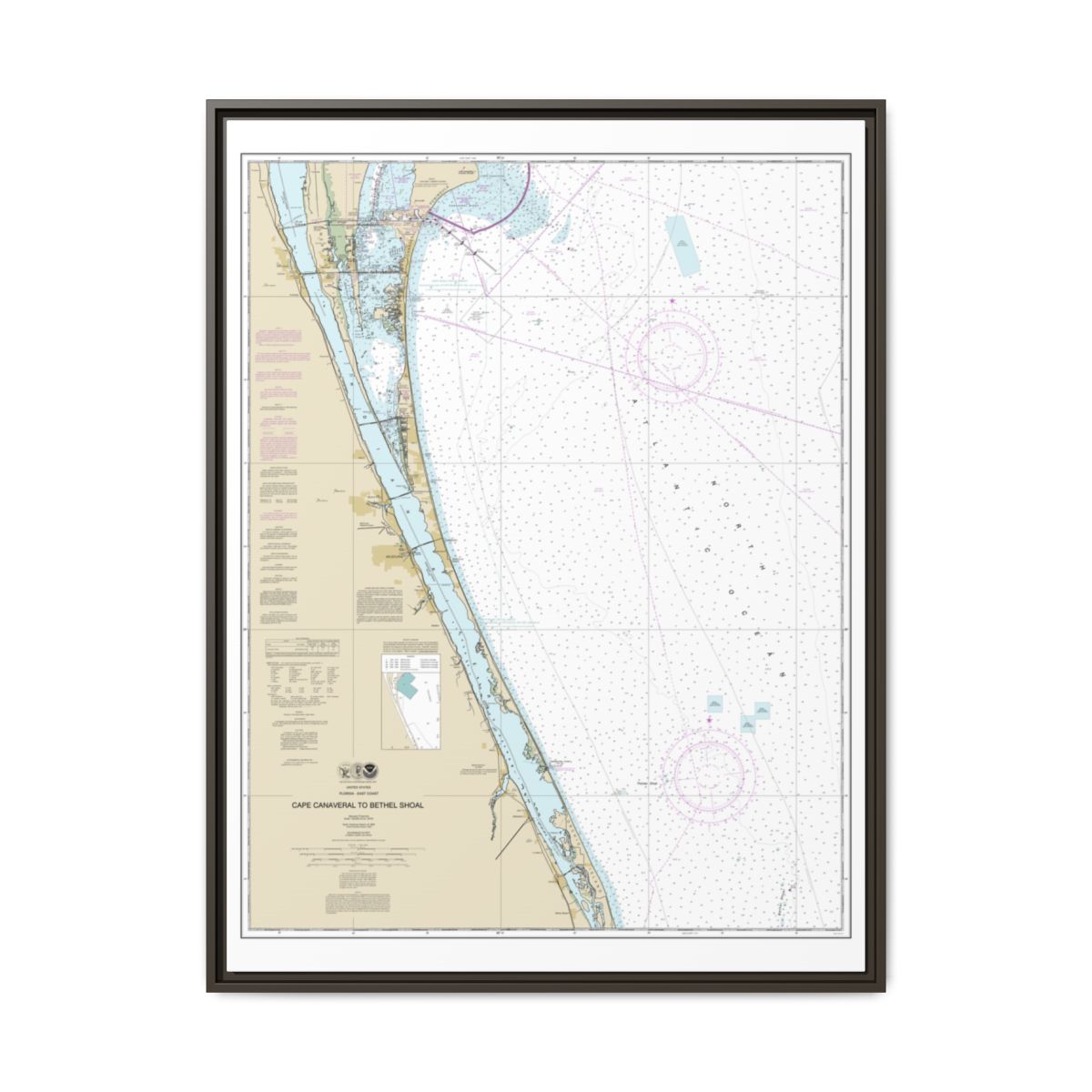 Chart 11476 Cape Canaveral to Bethel Shoal - NOAA Nautical Chart Floating Frame Canvas | 24" x 32" | 30" x 40" - Espresso front